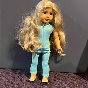 American Girl Doll with Blonde Hair in Blue Surf Outfit
